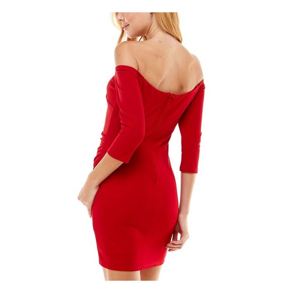CRYSTAL DOLLS Womens Red Scuba Crepe Asymmetric-hem 3/4 Sleeve Short Dress 3 - Picture 2 of 4